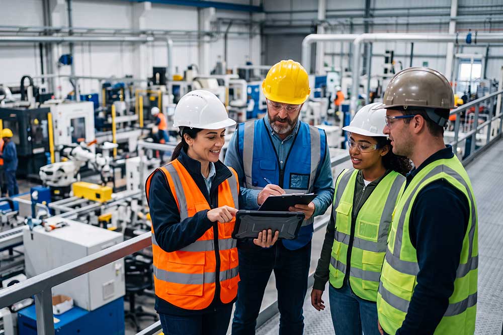 Four factory workers in safety gear discuss on a tablet in a factory; one points at the tablet as others look on.